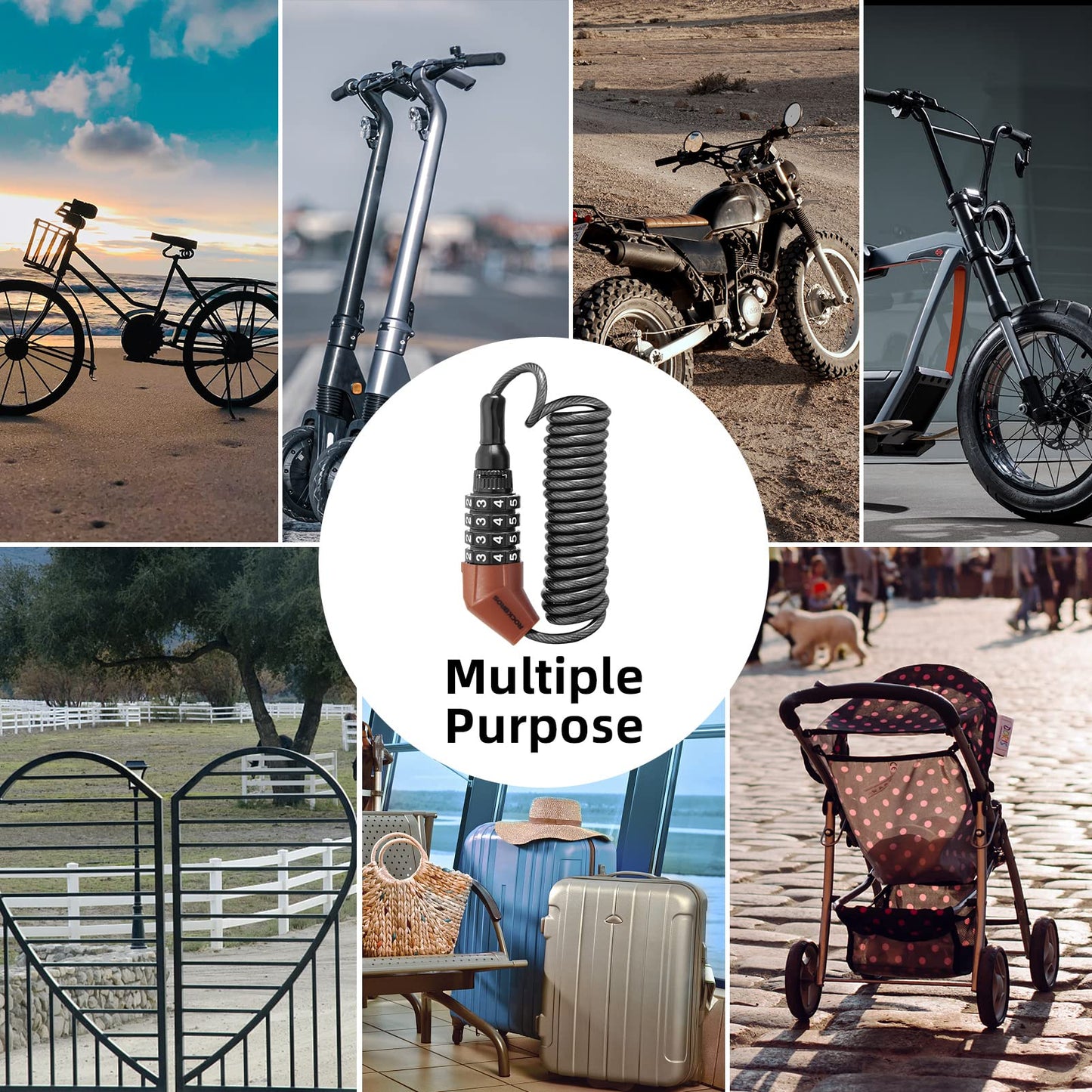 ROCKBROS Lightweight Helmet Lock, Resettable Combination Cable Lock for Bike & Luggage