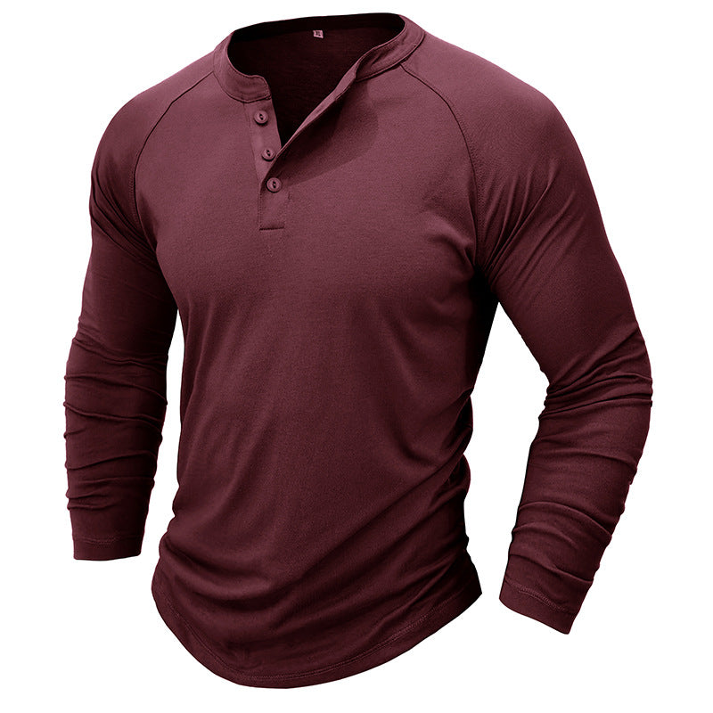 Mens Round Neck Henry Solid Color Long Sleeve T shirt