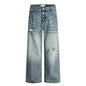 Hole-Washed Denim Long Pants Men's Loose Faded Whitewashed Wide-Leg Straight Trousers European and American Street Fashion Versatile Dad Pants