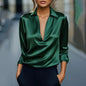 Elegant Women's V-Neck Long Sleeve Blouse With Satin Sheen Formal Shirt