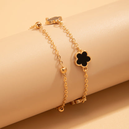 Double layer lucky five petal flower five leaf grass foot chain suit design sense flower shaped chain