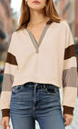 Color‑Block Cropped Polo V‑Neck Sweatshirt