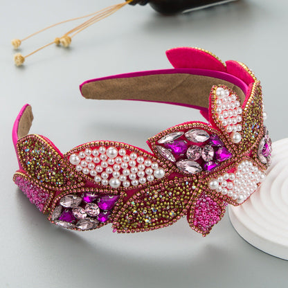 Headband Fashion Ball Rhinestone Pearl Leaf-Shaped Baroque Headband Exaggerated Wide-Brimmed Hair Accessories