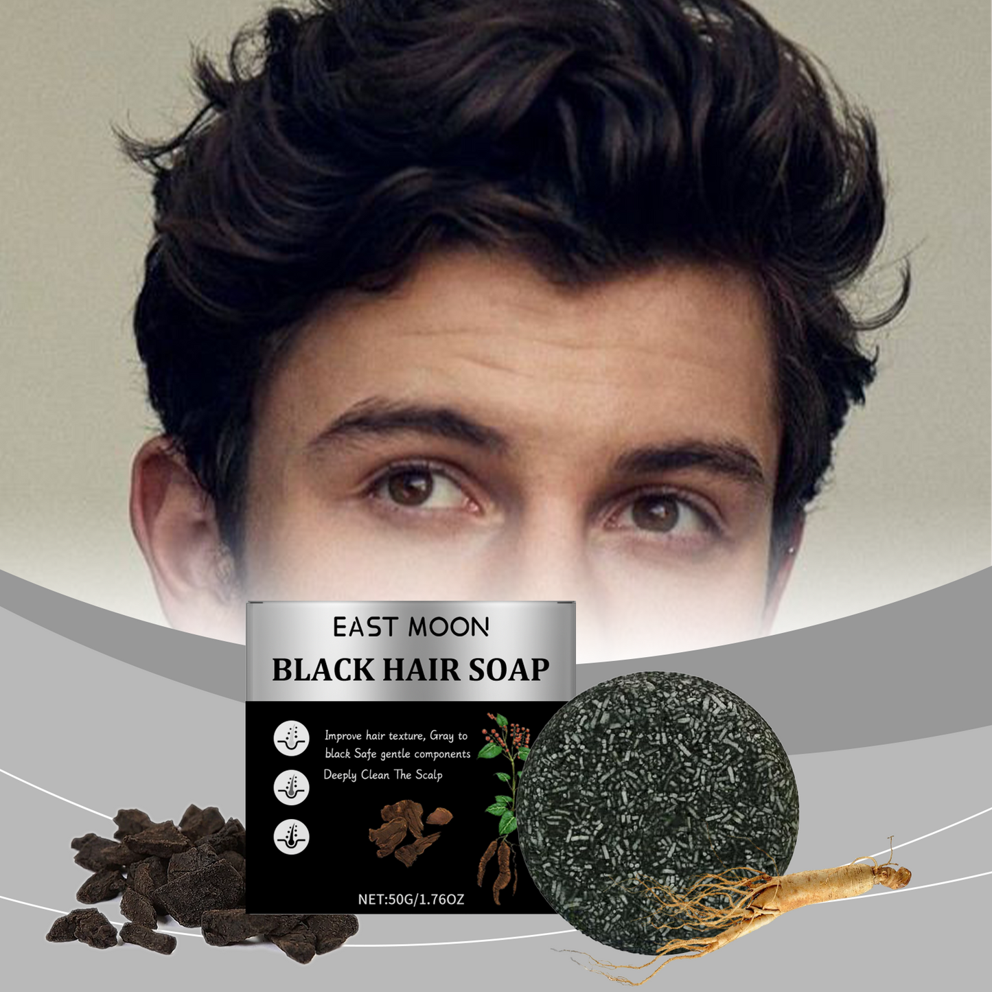 Men Bamboo Charcoal Black Hair Soap, Solid Hair Care, Clean Scalp, Smooth Black Hair Repair And Nourish Hair Roots