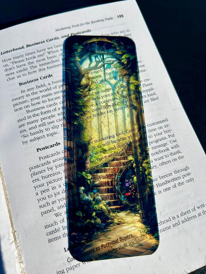Library Staircase Bookmark – Golden Stained Glass, Ivy-Covered Steps, and Sunlit Gothic Window for Dreamy Readers