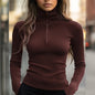 Solid Ribbed Half-Zip Turtleneck Knit Top