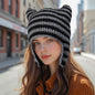 Women’s Hand Knitted Striped Cat Hat – Cute Warm Winter Beanie