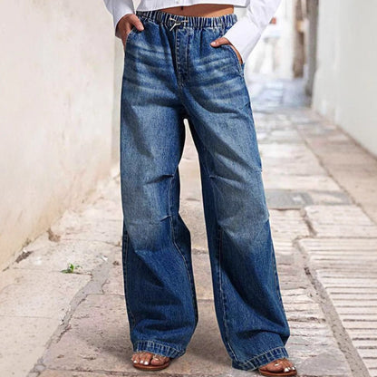 Mid waist wide leg pleated loose jeans women's street retro straight leg pants women
