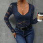 Women’s Lace Long Sleeve Bodysuit – Deep V Neck Solid Top