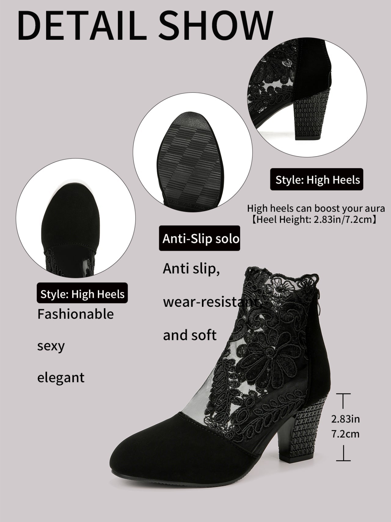 Women’s Lace-Embroidered Mesh Chunky-Heel Ankle Boots