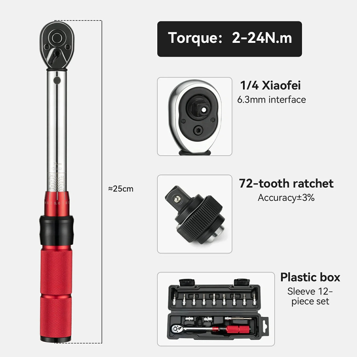 ROCKBROS 1/4 Torque 2–24Nm Micrometer Click Torque Wrench, 72-Tooth Gear Professional Precision ±3%High Accuracy