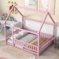Full Size Floor Wooden Bed with House Roof Frame, Fence Guardrails ,Pink