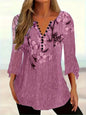 Women’s Printed Spike Button Three-Quarter Sleeve Casual Top