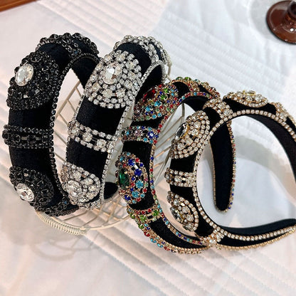 Fashionable retro golden velvet hair hoop with super sparkling color rhinestone sponge head hoop