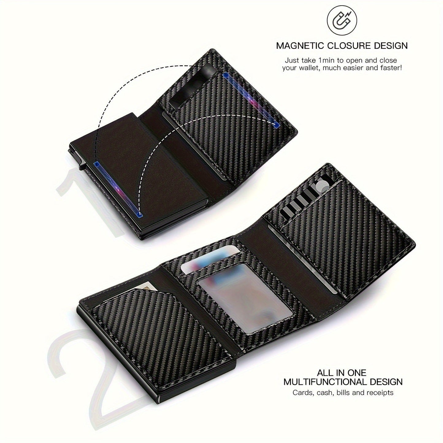 Men's Carbon Fiber Magnetic Card Clip PU Leather RFID Bank Card Bag Large Capacity Card Clip
