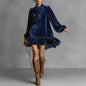 Women’s Bow-Tie Puff Sleeve Dress – Elegant Asymmetric Ruffle Hem Short Dress