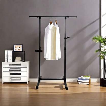 Short clothes hanger with chassis and wheels, heavy-duty rolling clothes hanger, black