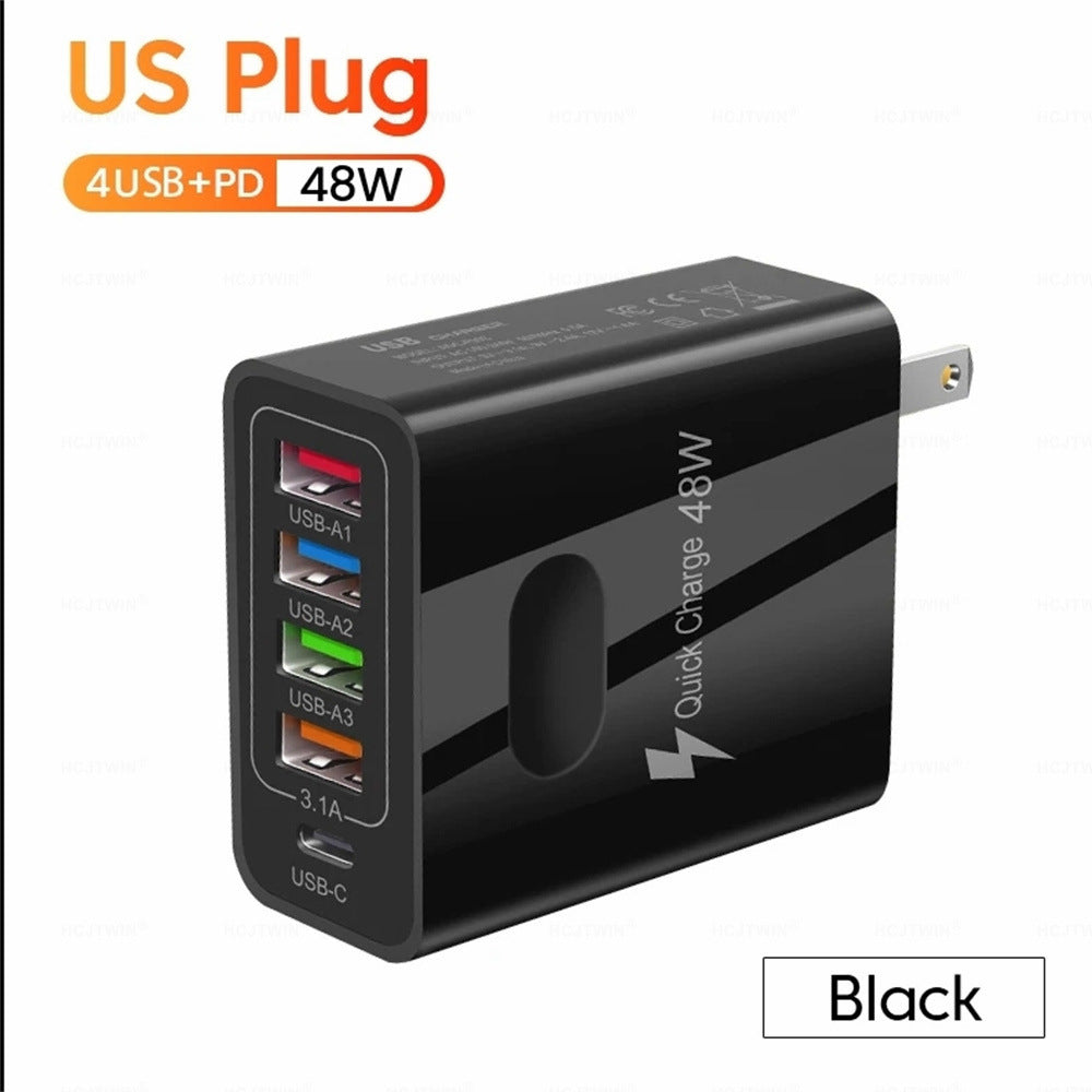 4USB charger, five in one charger, 48W multi interface charger, PD fast charging charger, 4U+PD
