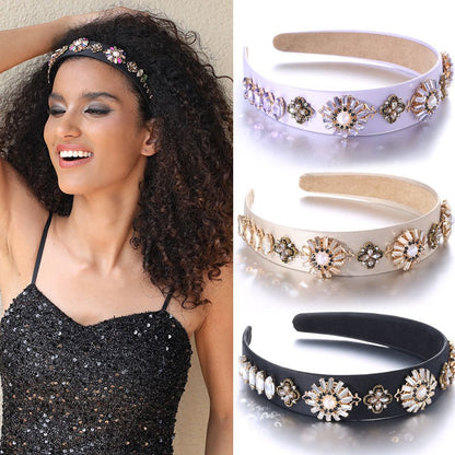 Fashionable Baroque Retro Set Water Diamond Flower Wide Edge Pearl Hair Hoop