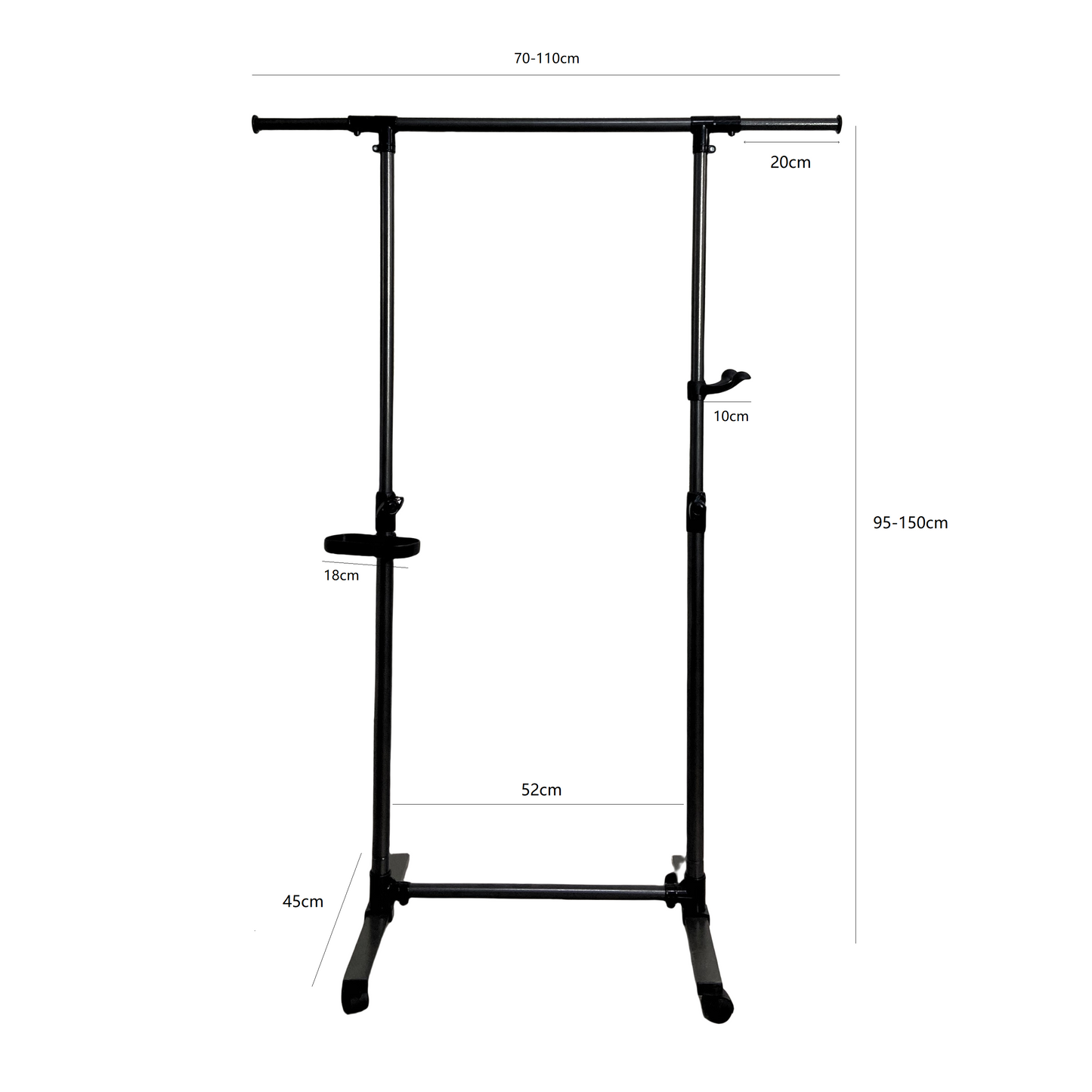 Short clothes hanger with chassis and wheels, heavy-duty rolling clothes hanger, black