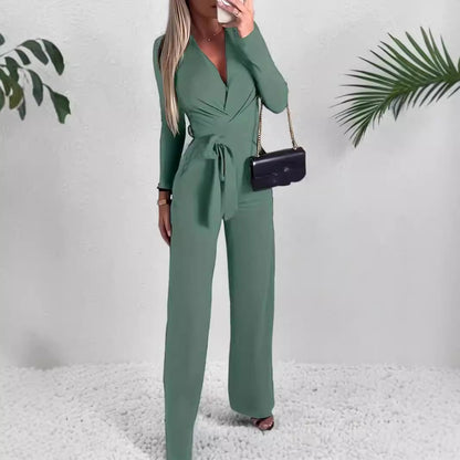 Ladies' Fashionable Slim Fit Sexy V-neck Long Sleeved Slimming Jumpsuit