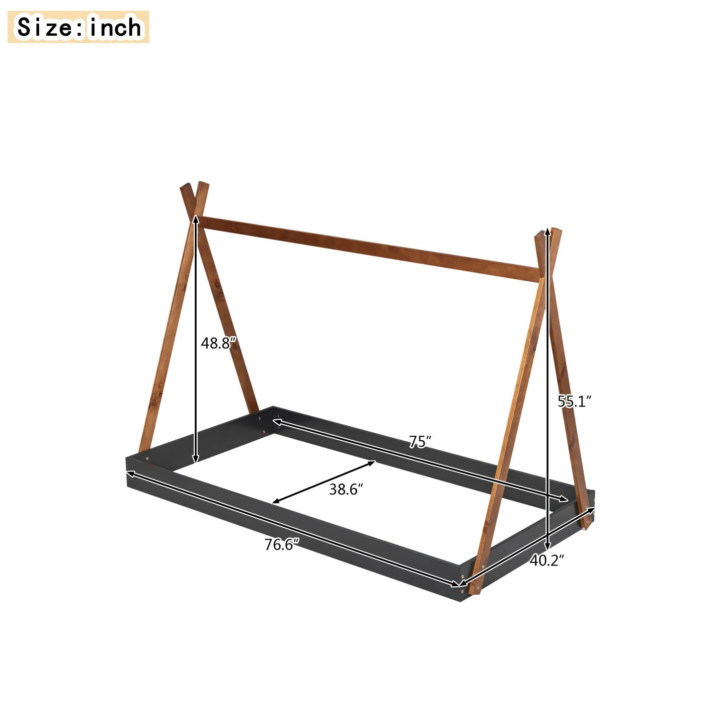 Twin Size Tent Floor Bed with Triangle Structure, Black+Brown