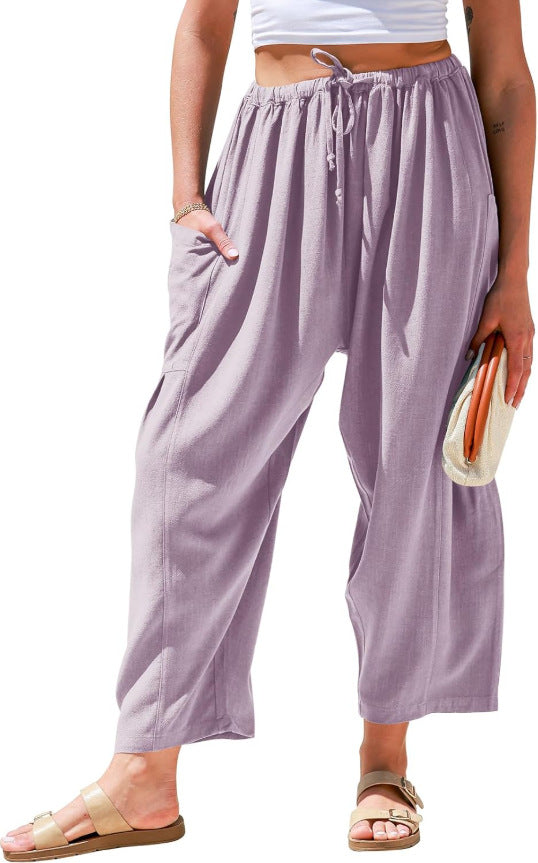 European and American women's elastic waisted pleated high waisted wide leg loose Haren cotton linen pants