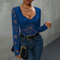 Women’s Lace Long Sleeve Bodysuit – Deep V Neck Solid Top