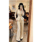 Waist-Grabbing Beige Coat and Wide Leg Pants Set