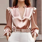 Women’s Satin V-Neck Long Sleeve Top – Slim Fit Solid Color Blouse
