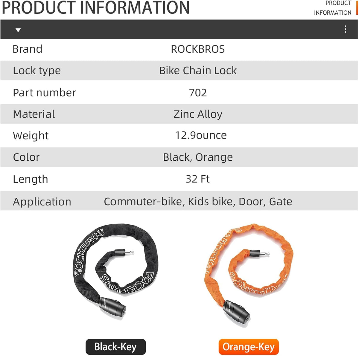 ROCKBROS Bike Lock Chain Bicycle Lock, Heavy Duty Anti Theft