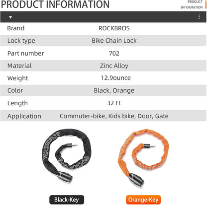 ROCKBROS Bike Lock Chain Bicycle Lock, Heavy Duty Anti Theft