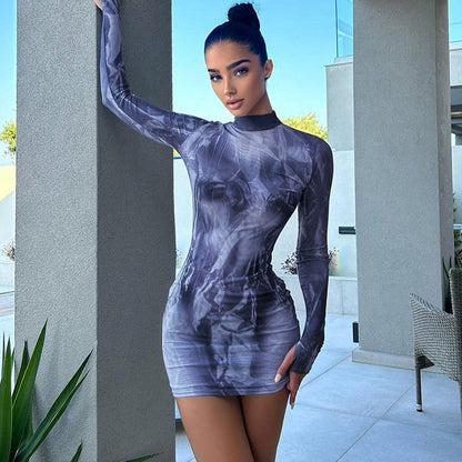 High Neck Long Sleeve Printed Dress