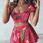 Flower Print Bubble Sleeves With Exposed Navel Short Top, Pleated Short Skirt Set