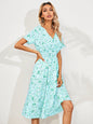 Women's V-Neck Floral Print Dress - A-Line Waisted Summer Maxi Dress