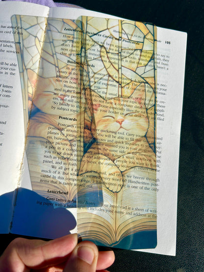 Sleeping Cat Bookmark – Cozy Lofi Kitty in Golden Window Light with Stained Glass & Book, Peaceful Nap Time Vibes