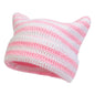 Women’s Hand Knitted Striped Cat Hat – Cute Warm Winter Beanie