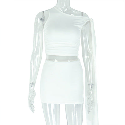 Strap Oblique Collar Asymmetric Dress Set Fitted Pencil Short Skirt Two-Piece Set Sexy Solid Color Women's Dress