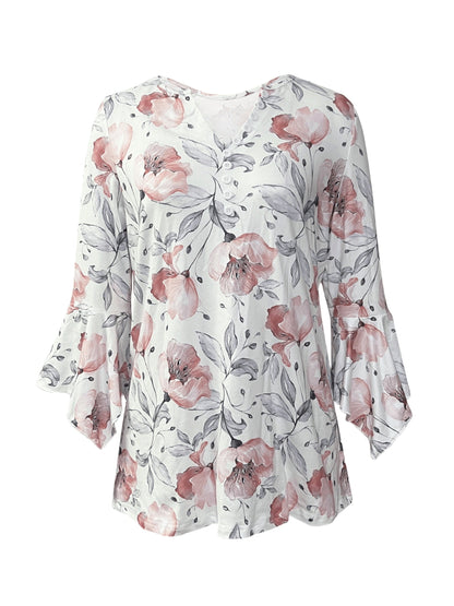 Women’s Printed Spike Button Three-Quarter Sleeve Casual Top