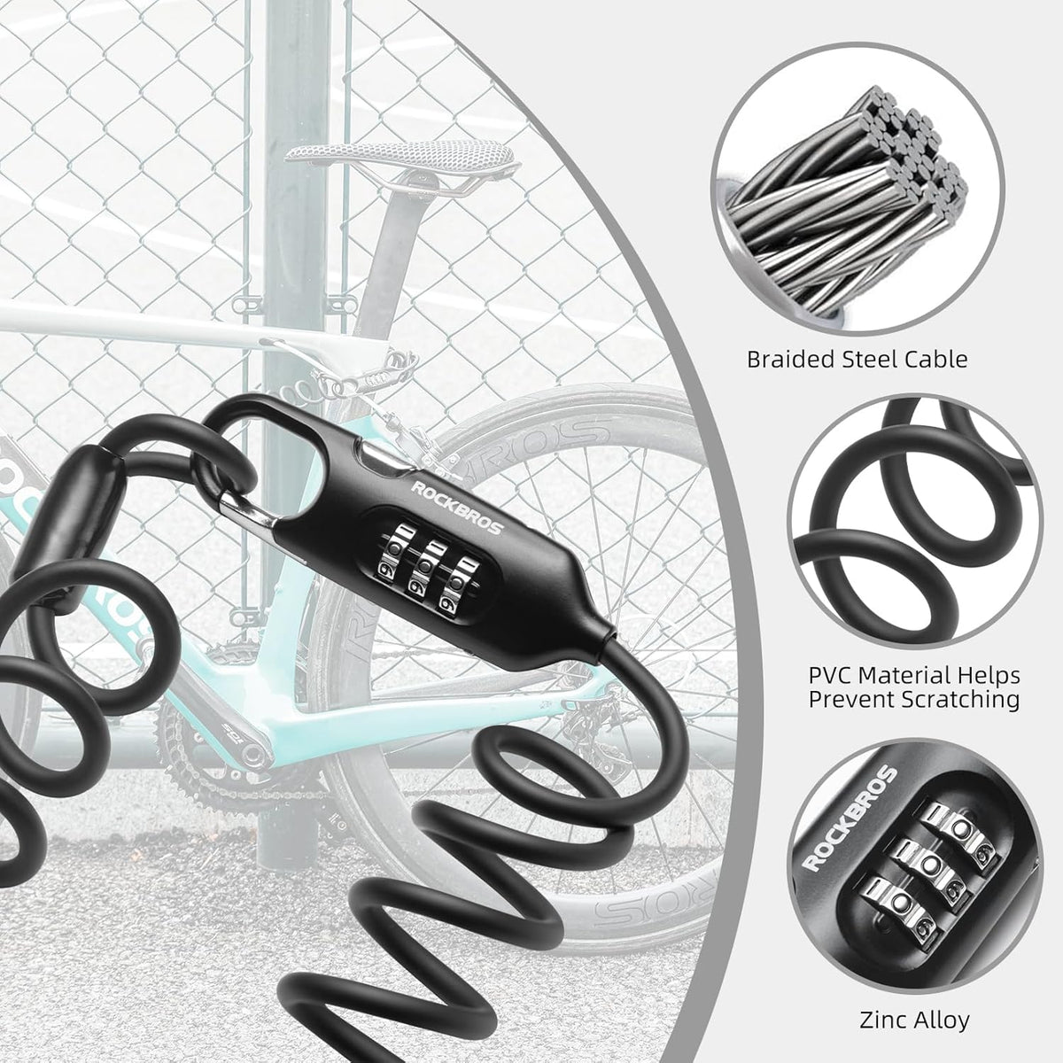 ROCKBROS Bike Lock Cable Combination Bicycle Lock - 6FT Long, Portable, Anti-Theft