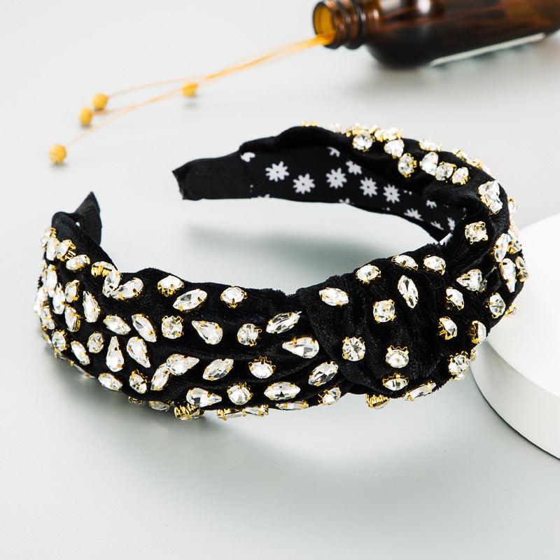 Exaggerated Fashion Hair Bands Female Corduroy Temperament Sweet Hair Ornaments Wide Side Knotted With Diamonds Headband