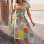 Boho Floral Midi Dress for Women – V-Neck Short Sleeve Summer Casual Dress