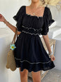 Women’s French Style Square Neck Dress – Ruffled Short Sleeve Elegance