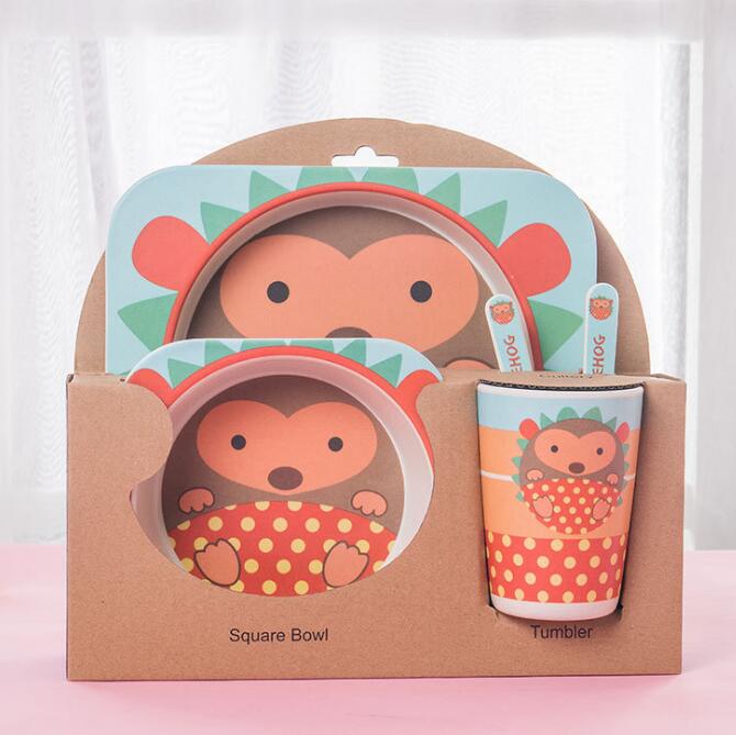 5pcs/set Children Baby Bamboo Fiber Tableware Baby Tableware Set Cartoon Animal Tableware Aet