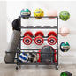 Four layer metal storage rack, large ball storage rack with rollers, baskets, and hooks