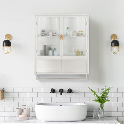 23.62"Glass Doors Modern Two-door Wall Cabinet with Featuring Two-tier Enclosed Storage an Open Shelf and Towel Rack
