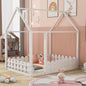 (Slats are not included) Full Size Wood Bed House Bed Frame with Fence for Kids Teens Girls Boys (White )