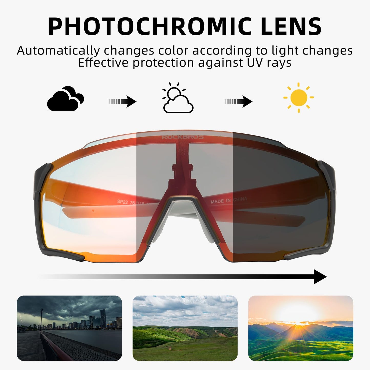 ROCKBROS Photochromic Sport Cycling Sunglasses for Men Women Lightweight UV Protection
