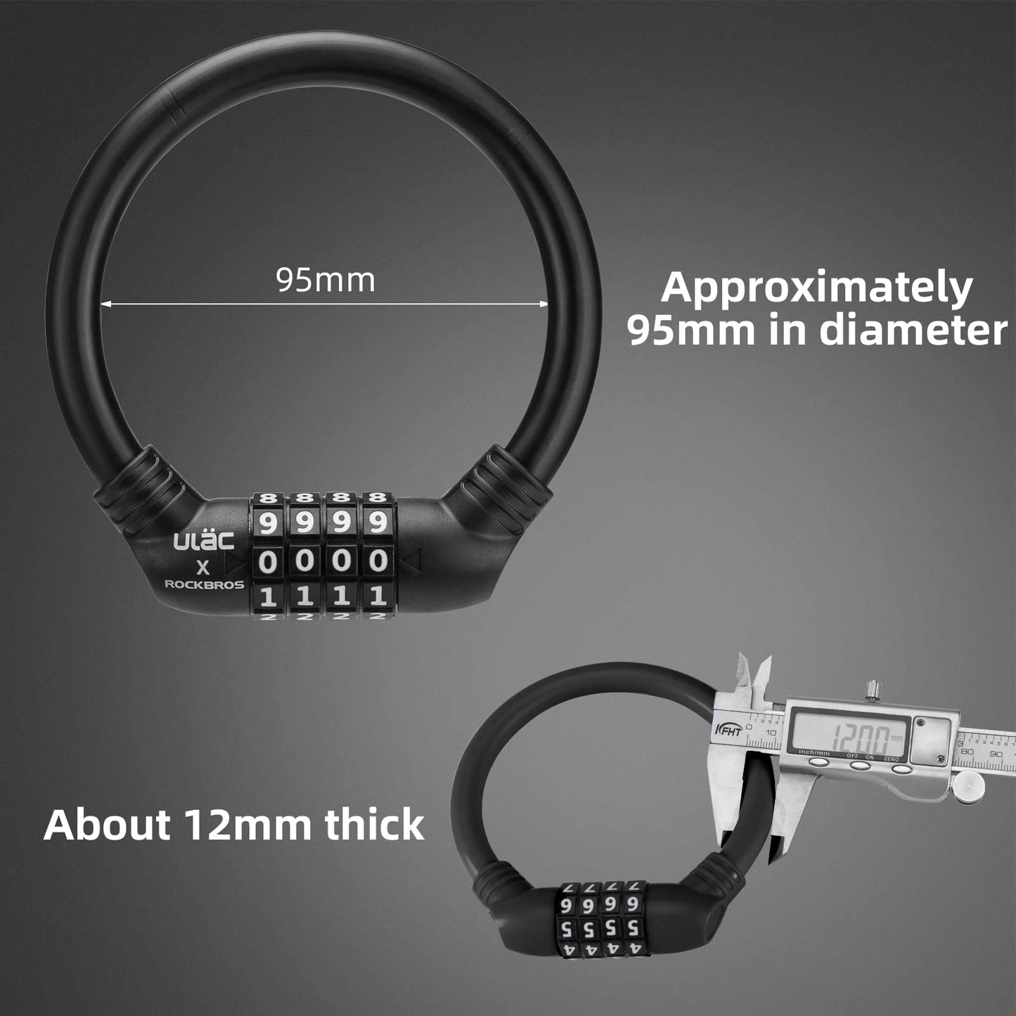 ROCKBROS Lightweight Bike Lock Cable 12MM Anti-Theft Combination Lock