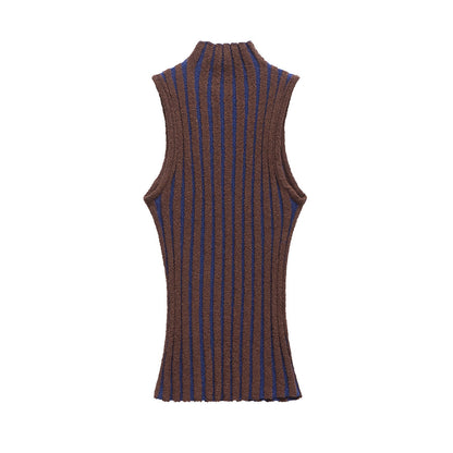 Half high neck sleeveless slim knit sweater for women
